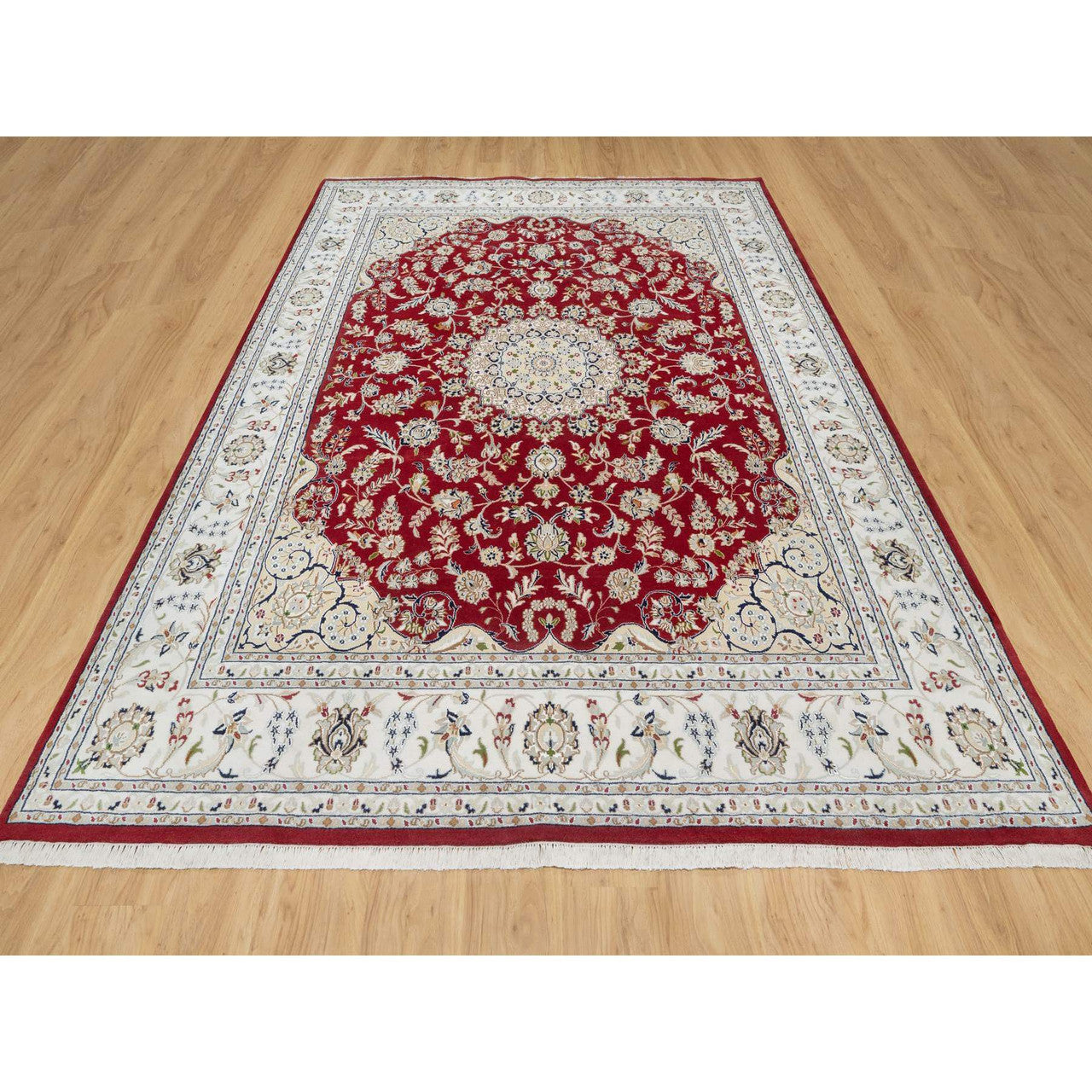 Fine Oriental Wool & Silk Hand Knotted Rug Red White 7.10X10.3 -O090854