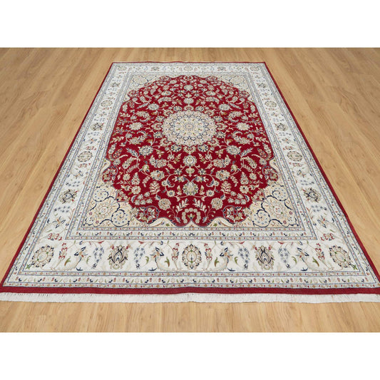 Fine Oriental Wool & Silk Hand Knotted Rug Red White 7.10X10.3 -O090854