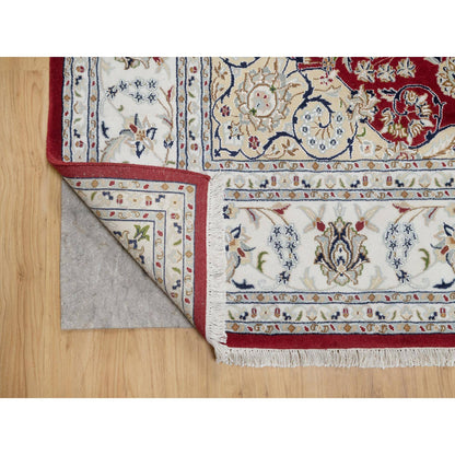 Fine Oriental Wool & Silk Hand Knotted Rug Red White 7.10X10.3 -O090854