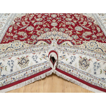 Fine Oriental Wool & Silk Hand Knotted Rug Red White 7.10X10.3 -O090854