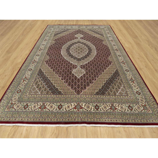 Fine Oriental Wool & Silk Hand Knotted Rug Red Cream Color 8.10X12.4 -O090856