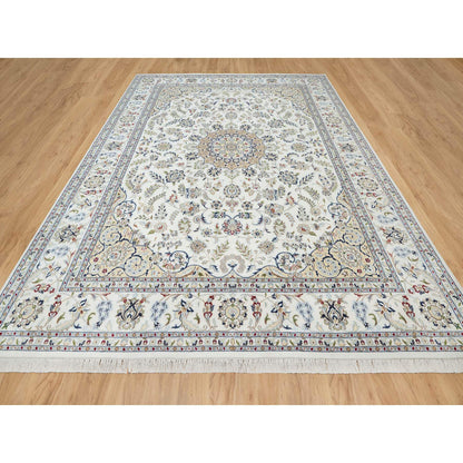 Fine Oriental Wool & Silk Hand Knotted Rug Ivory Spring White 9.0X12.3 -O090857