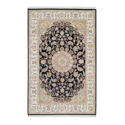 Fine Oriental Wool & Silk Hand Knotted Rug Blue White 5.10X9.0 -O090859