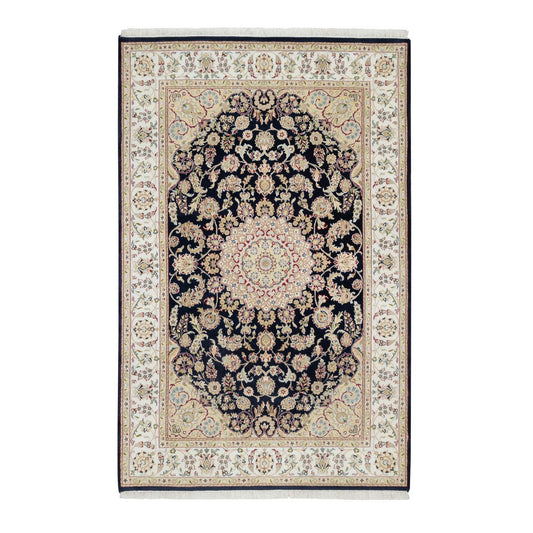 Fine Oriental Wool & Silk Hand Knotted Rug Blue White 5.10X9.0 -O090859