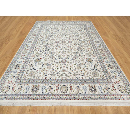Fine Oriental Wool & Silk Hand Knotted Rug Ivory White 9.0X12.2 -O090860