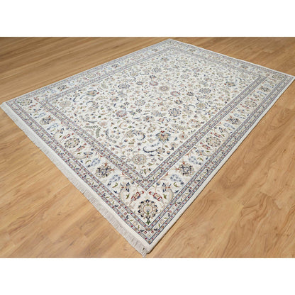 Fine Oriental Wool & Silk Hand Knotted Rug Ivory White 9.0X12.2 -O090860