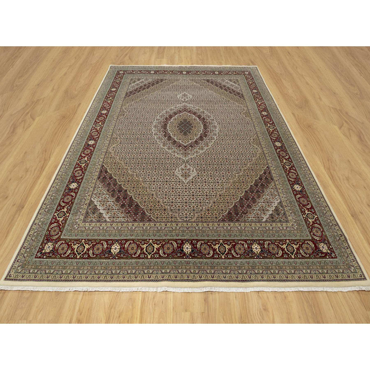 Fine Oriental Wool & Silk Hand Knotted Rug Ivory Red 8.0X10.0 -O090862
