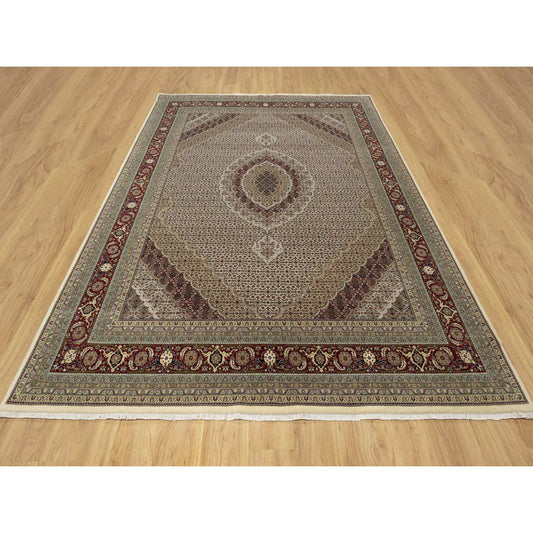 Fine Oriental Wool & Silk Hand Knotted Rug Ivory Red 8.0X10.0 -O090862