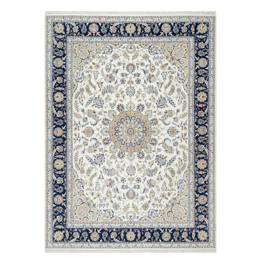 Fine Oriental Wool & Silk Hand Knotted Rug Ivory Blue 8.10X12.2 -O090864