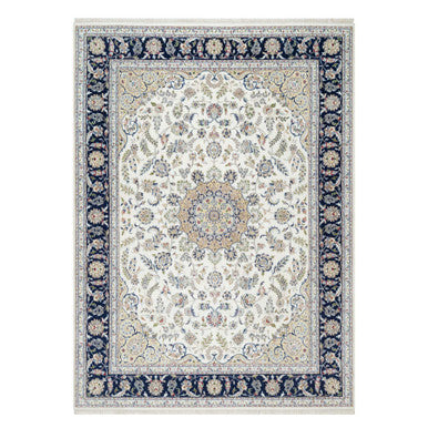 Fine Oriental Wool & Silk Hand Knotted Rug Ivory Blue 8.10X12.2 -O090864