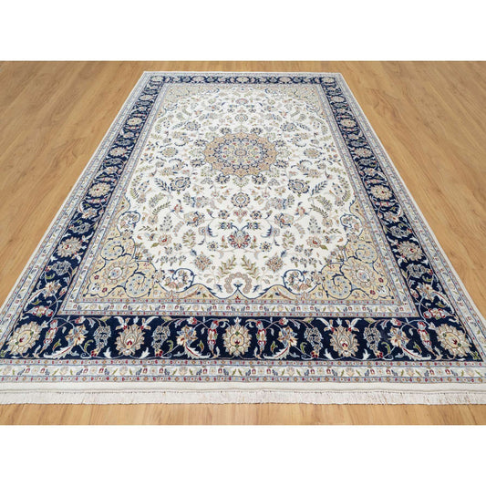 Fine Oriental Wool & Silk Hand Knotted Rug Ivory Blue 8.10X12.2 -O090864