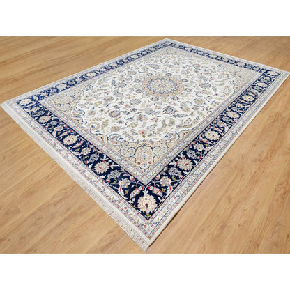 Fine Oriental Wool & Silk Hand Knotted Rug Ivory Blue 8.10X12.2 -O090864