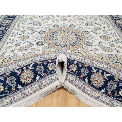 Fine Oriental Wool & Silk Hand Knotted Rug Ivory Blue 8.10X12.2 -O090864
