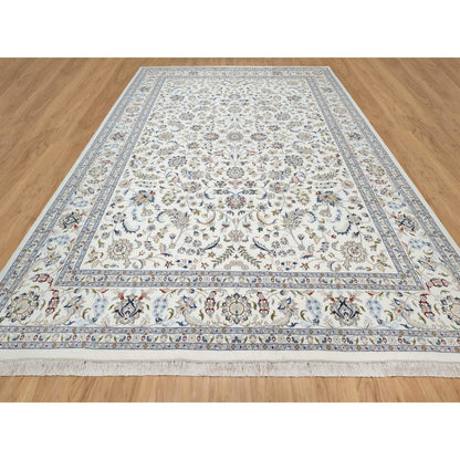 Fine Oriental Wool & Silk Hand Knotted Rug Ivory White 10.0X14.2 -O090866