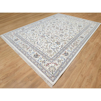Fine Oriental Wool & Silk Hand Knotted Rug Ivory White 10.0X14.2 -O090866