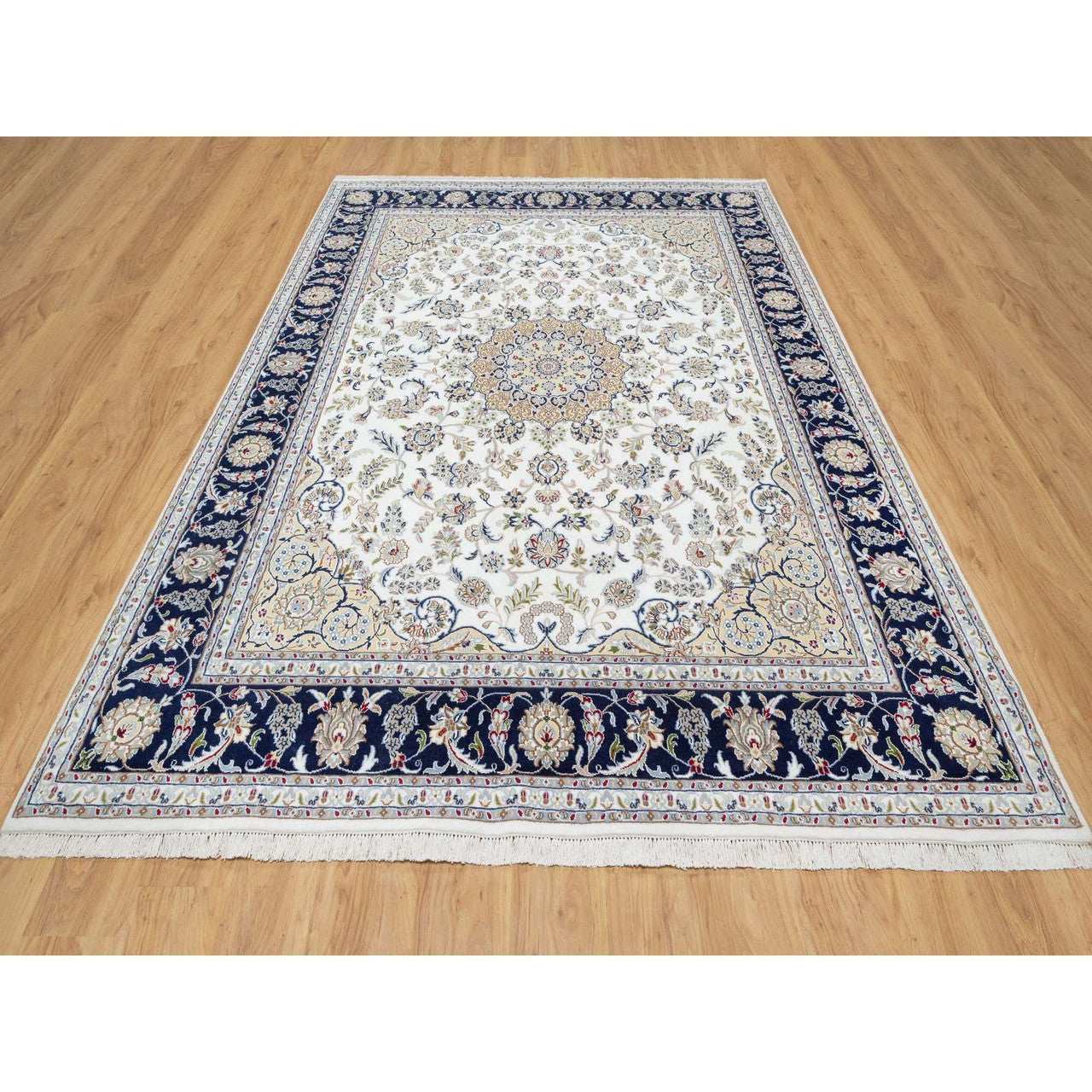 Fine Oriental Wool & Silk Hand Knotted Rug Ivory Blue 7.10X10.1 -O090868
