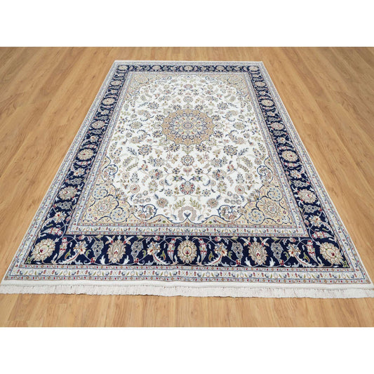 Fine Oriental Wool & Silk Hand Knotted Rug Ivory Blue 7.10X10.1 -O090868