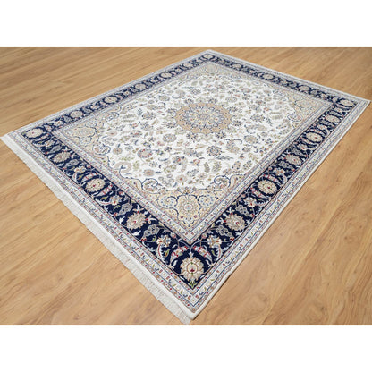 Fine Oriental Wool & Silk Hand Knotted Rug Ivory Blue 7.10X10.1 -O090868