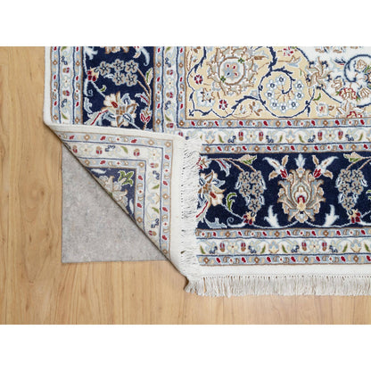Fine Oriental Wool & Silk Hand Knotted Rug Ivory Blue 7.10X10.1 -O090868