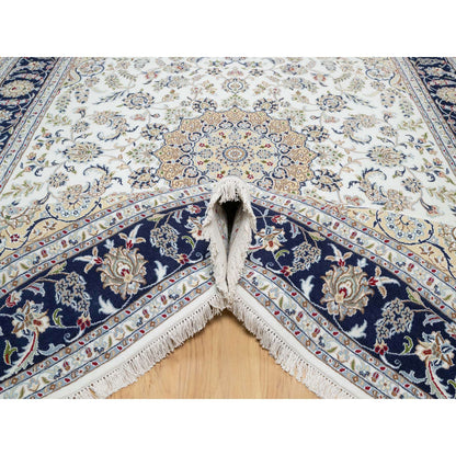Fine Oriental Wool & Silk Hand Knotted Rug Ivory Blue 7.10X10.1 -O090868