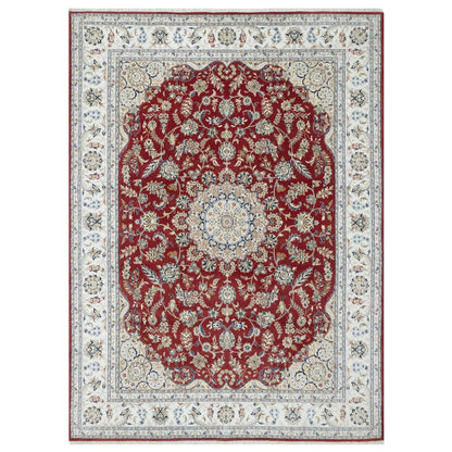 Fine Oriental Wool & Silk Hand Knotted Rug Red White 8.9X12.0 -O090869