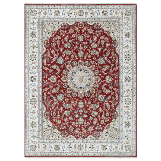 Fine Oriental Wool & Silk Hand Knotted Rug Red White 8.9X12.0 -O090869