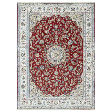 Fine Oriental Wool & Silk Hand Knotted Rug Red White 8.9X12.0 -O090869