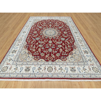 Fine Oriental Wool & Silk Hand Knotted Rug Red White 8.9X12.0 -O090869