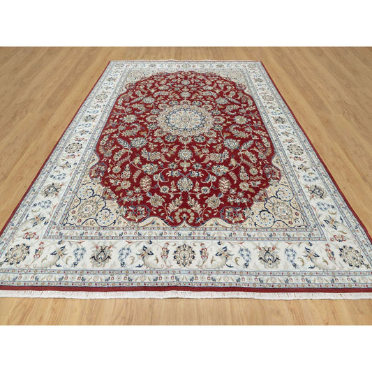 Fine Oriental Wool & Silk Hand Knotted Rug Red White 8.9X12.0 -O090869