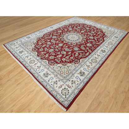 Fine Oriental Wool & Silk Hand Knotted Rug Red White 8.9X12.0 -O090869