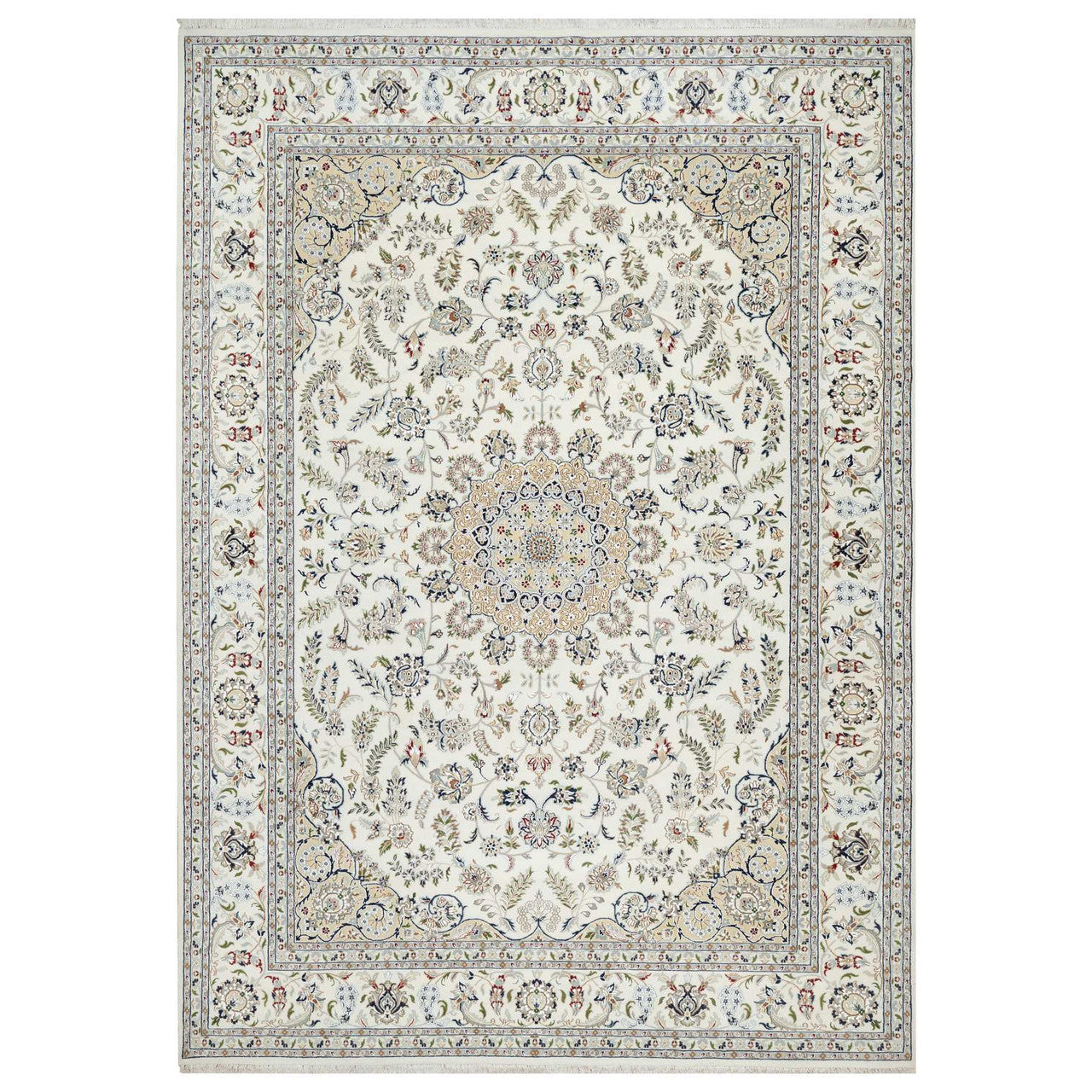 Fine Oriental Wool & Silk Hand Knotted Rug Ivory Spring White 9.9X13.9 -O090871