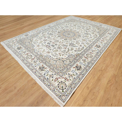 Fine Oriental Wool & Silk Hand Knotted Rug Ivory Spring White 9.9X13.9 -O090871