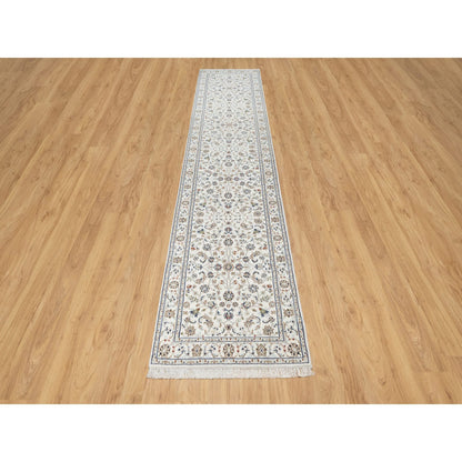Fine Oriental Wool & Silk Hand Knotted Rug Ivory White 2.7X12.2 -O090873