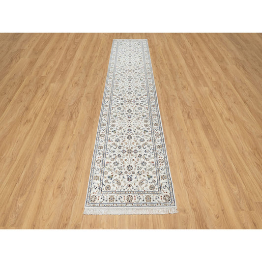 Fine Oriental Wool & Silk Hand Knotted Rug Ivory White 2.7X12.2 -O090873