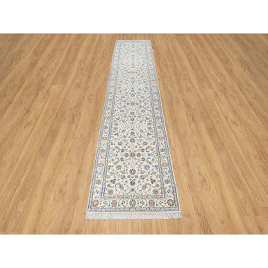 Fine Oriental Wool & Silk Hand Knotted Rug Ivory White 2.7X12.2 -O090873