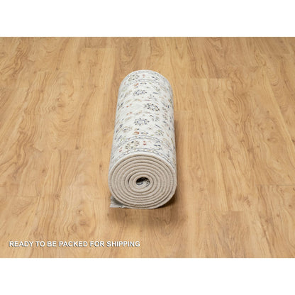 Fine Oriental Wool & Silk Hand Knotted Rug Ivory White 2.7X12.2 -O090873