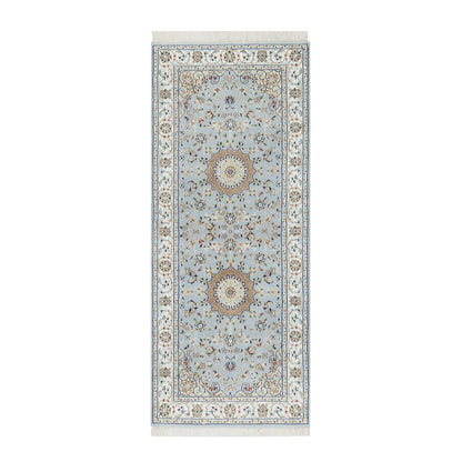 Fine Oriental Wool & Silk Hand Knotted Rug Blue White 2.8X6.6 -O090878