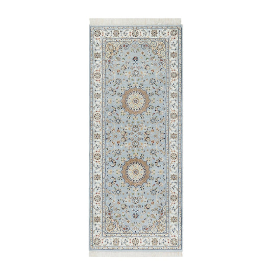 Fine Oriental Wool & Silk Hand Knotted Rug Blue White 2.8X6.6 -O090878