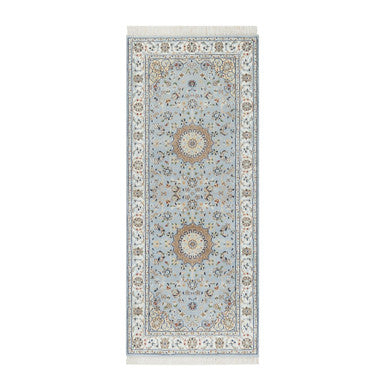 Fine Oriental Wool & Silk Hand Knotted Rug Blue White 2.8X6.6 -O090878