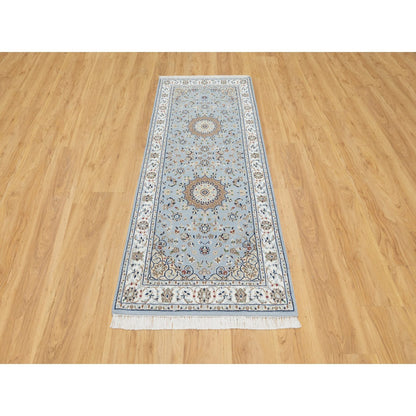 Fine Oriental Wool & Silk Hand Knotted Rug Blue White 2.8X6.6 -O090878