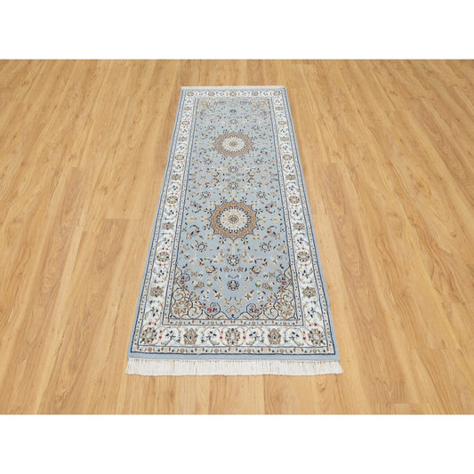 Fine Oriental Wool & Silk Hand Knotted Rug Blue White 2.8X6.6 -O090878