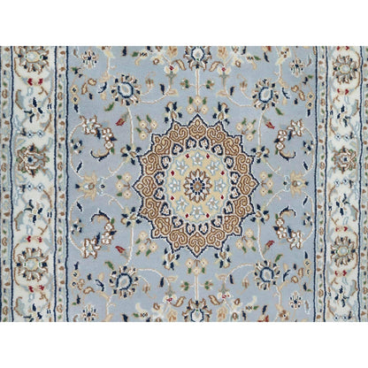 Fine Oriental Wool & Silk Hand Knotted Rug Blue White 2.8X6.6 -O090878