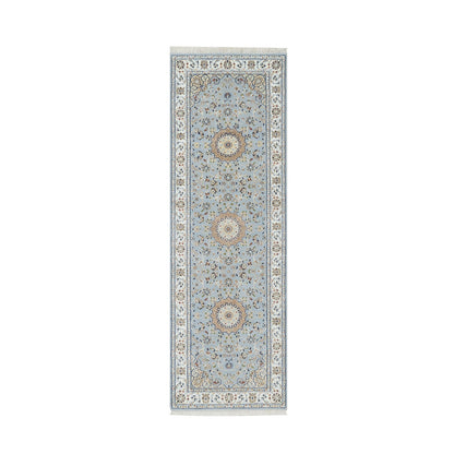 Fine Oriental Wool & Silk Hand Knotted Rug Blue White 2.8X8.3 -O090879