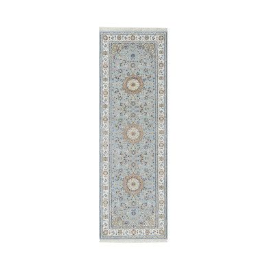 Fine Oriental Wool & Silk Hand Knotted Rug Blue White 2.8X8.3 -O090879