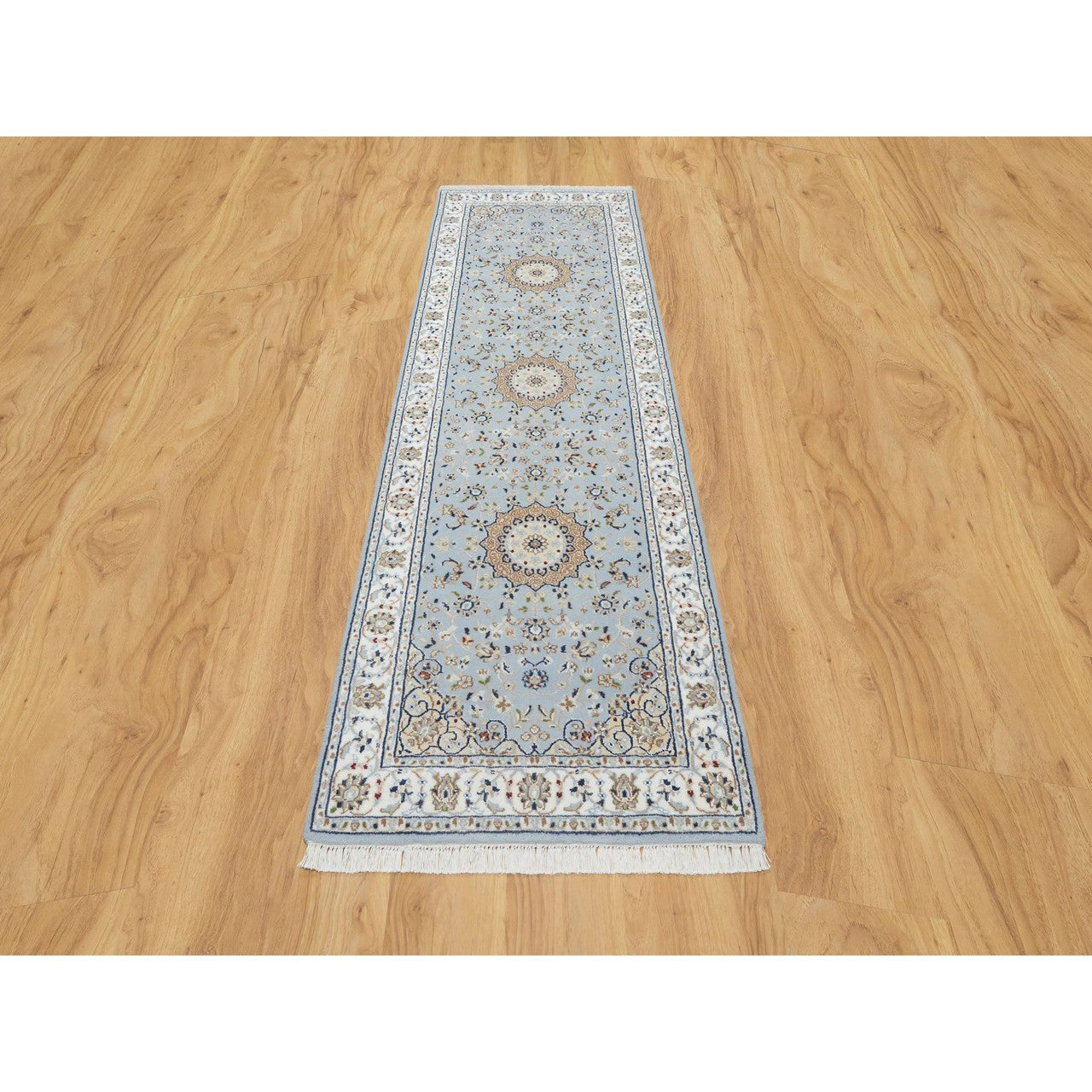 Fine Oriental Wool & Silk Hand Knotted Rug Blue White 2.8X8.3 -O090879