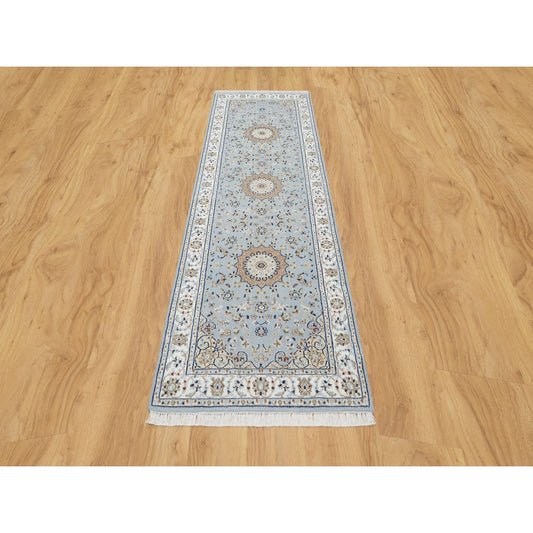 Fine Oriental Wool & Silk Hand Knotted Rug Blue White 2.8X8.3 -O090879