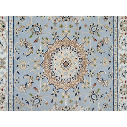 Fine Oriental Wool & Silk Hand Knotted Rug Blue White 2.8X8.3 -O090879