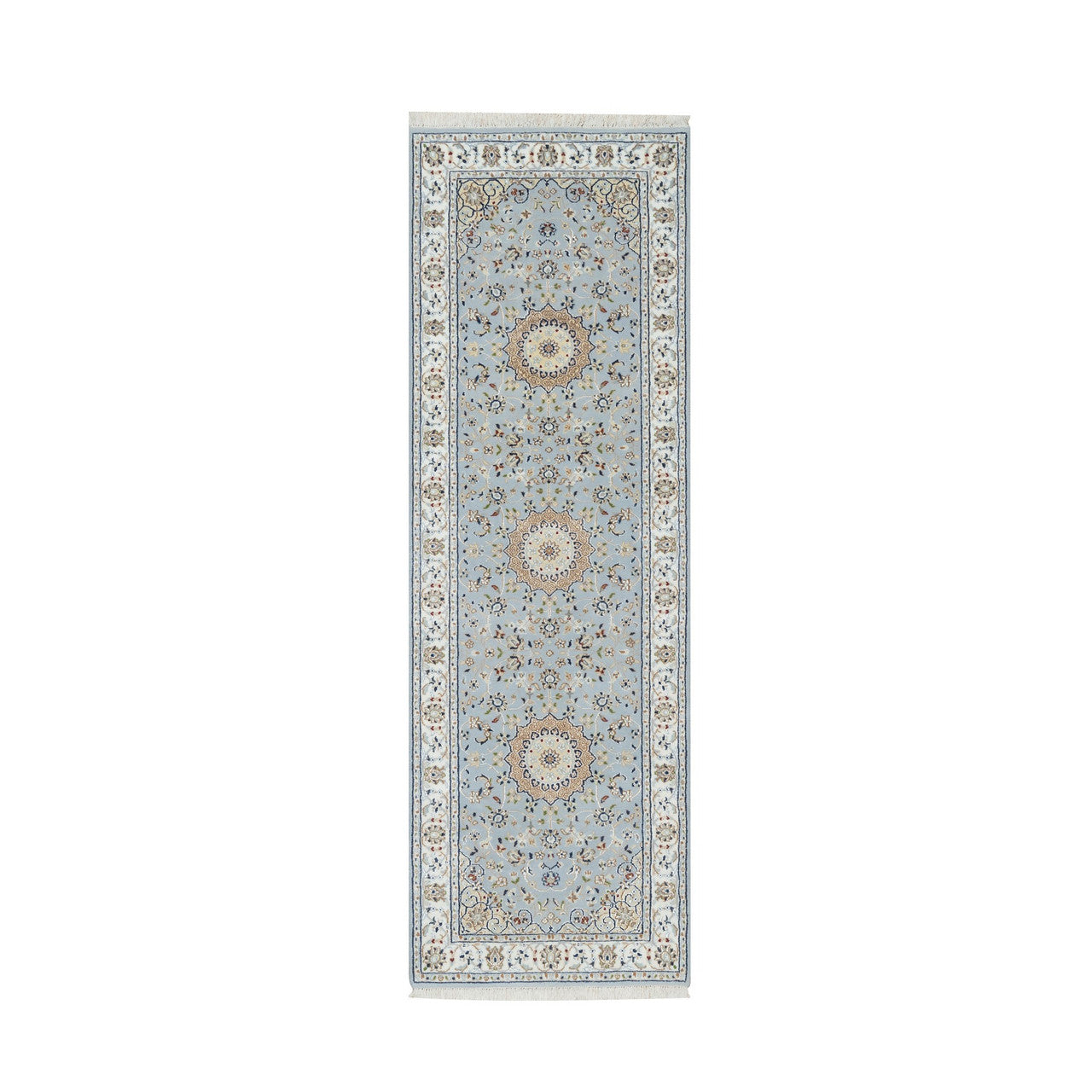 Fine Oriental Wool & Silk Hand Knotted Rug Blue White 2.8X8.4 -O090880