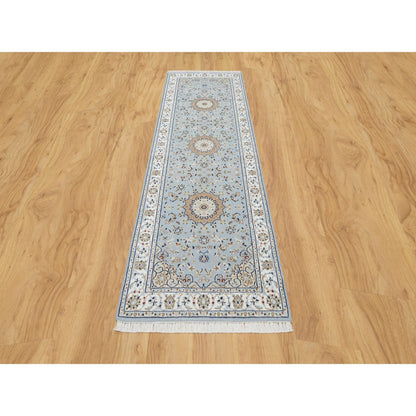 Fine Oriental Wool & Silk Hand Knotted Rug Blue White 2.8X8.4 -O090880