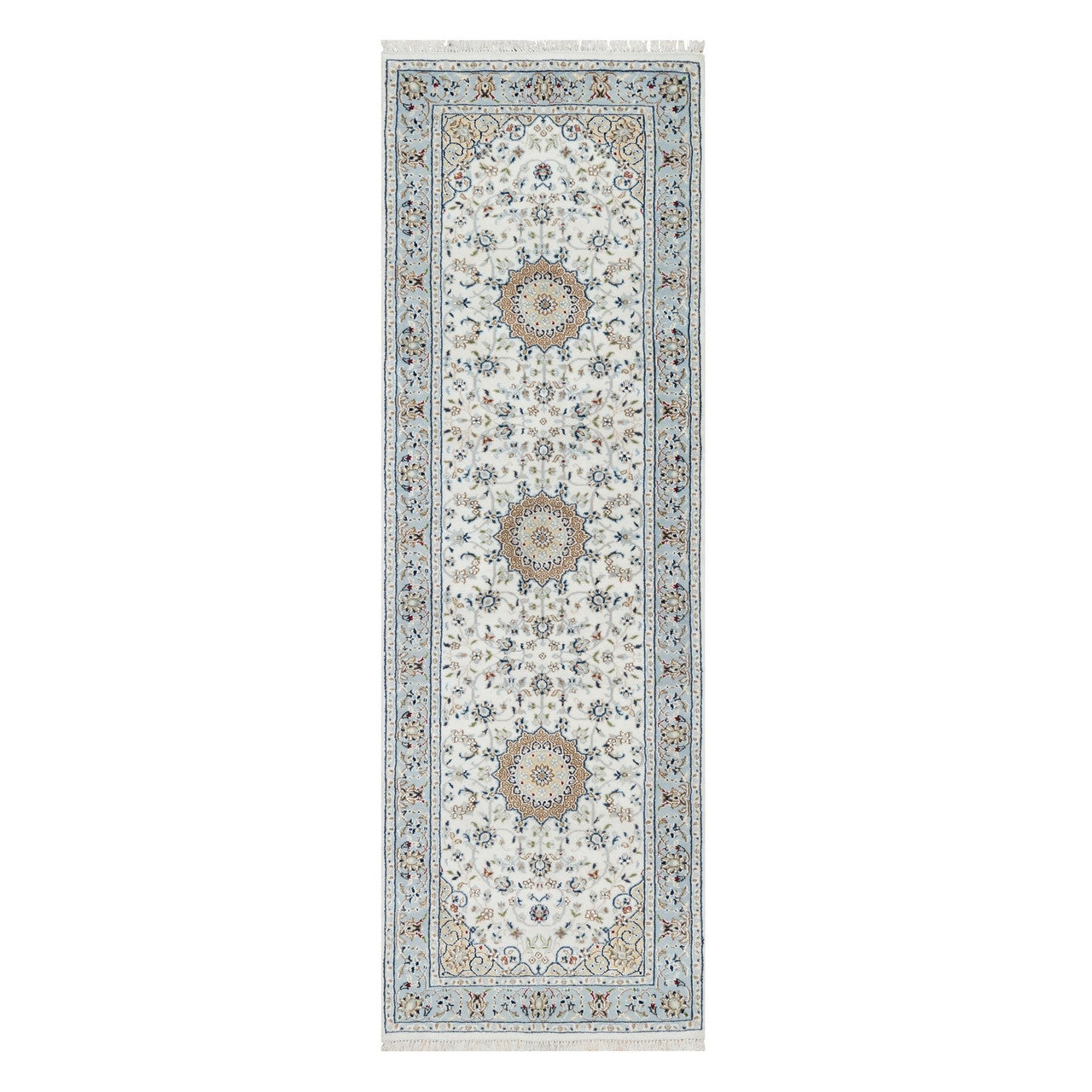 Fine Oriental Wool & Silk Hand Knotted Rug Ivory Blue 2.8X8.3 -O090881